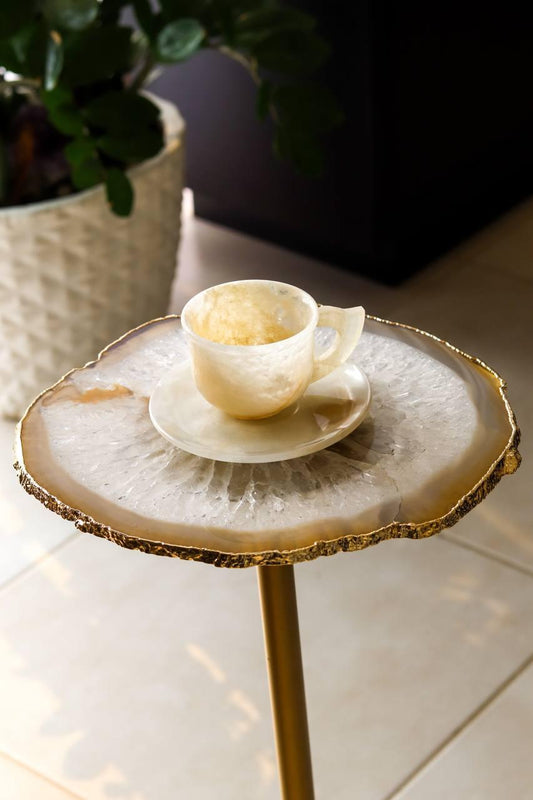 Mesa Decorativa Dourada Chapa de Ágata Natural Banho Ouro