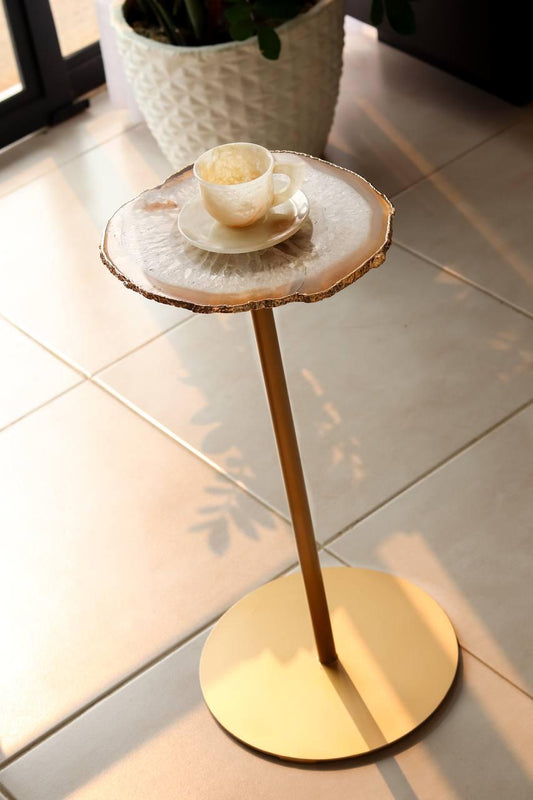 Mesa Decorativa Dourada Chapa de Ágata Natural Banho Ouro
