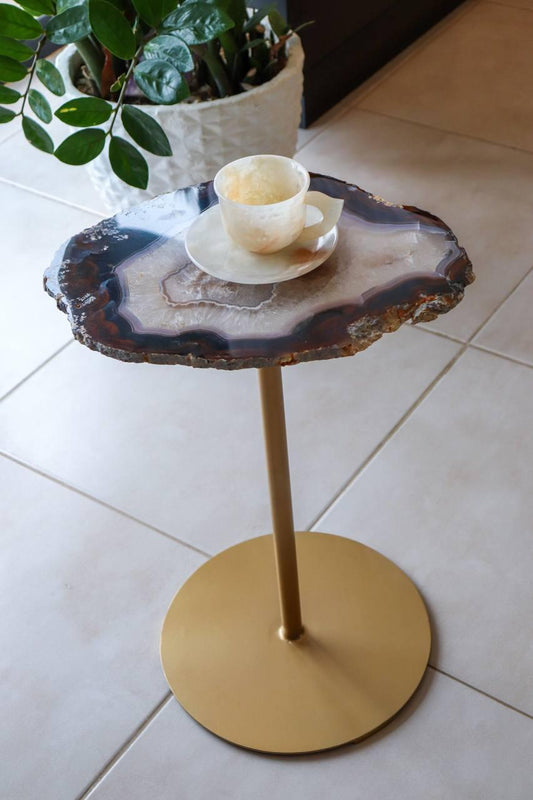 Mesa Decorativa Dourada Chapa de Ágata Natural 62cm