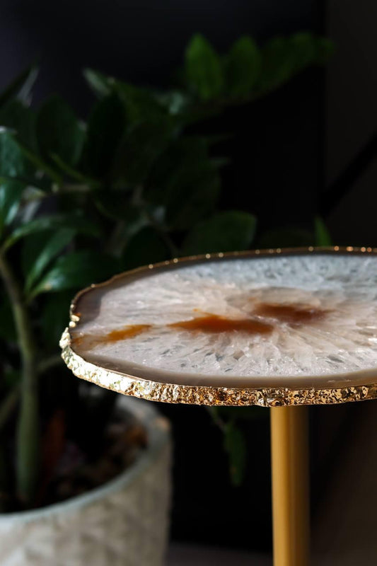 Mesa Decorativa Dourada Chapa de Ágata Natural Banho Ouro