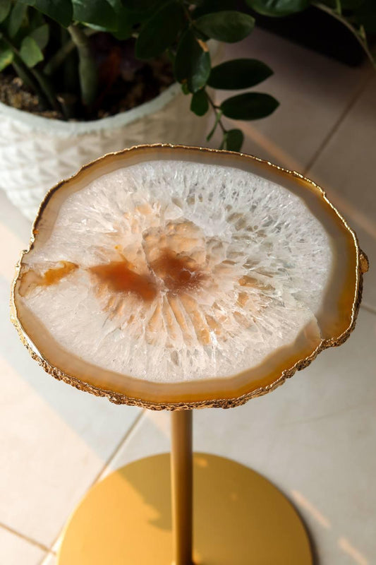 Mesa Decorativa Dourada Chapa de Ágata Natural Banho Ouro