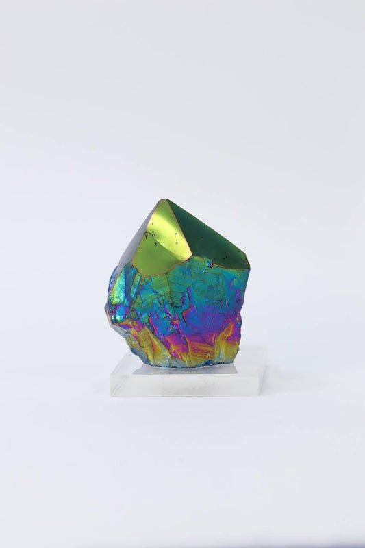 Ponta Quartzo Titânio Rainbow Bruta na Base Acrilica