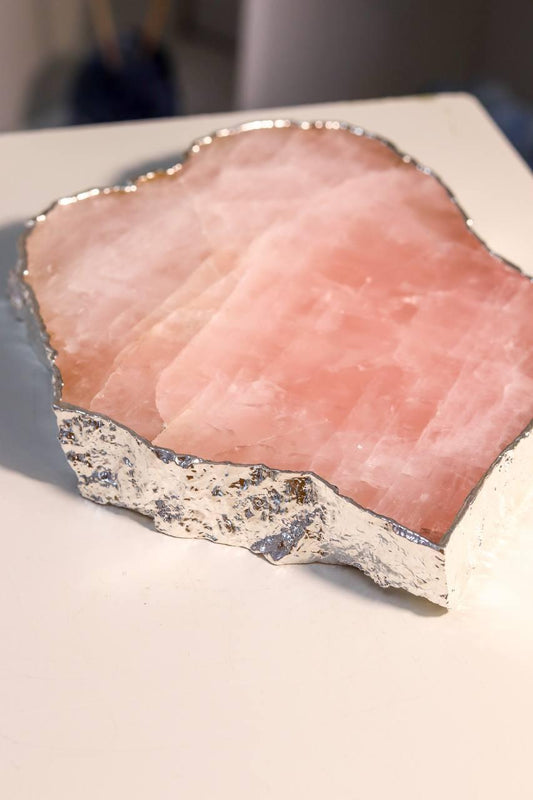 Bandeja Quartzo Rosa Banhada Prata
