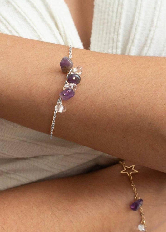 Pulseira Ametista e Cristal Sementes banhado Prata
