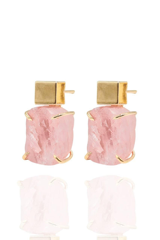 Brinco Quartzo Rosa Cubo com Garra Banho Ouro