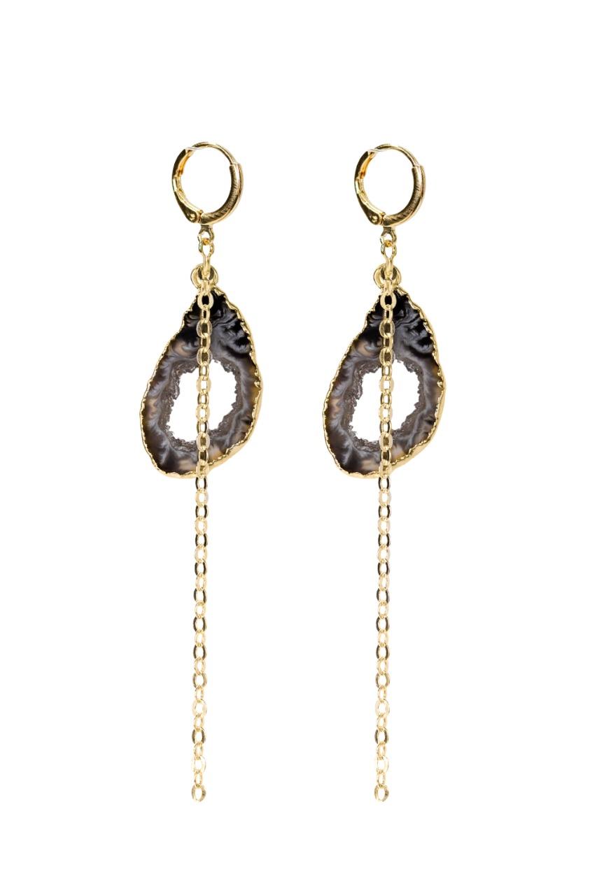Brinco Argola Pedra Ágata com Corrente Diamantada Banho Ouro