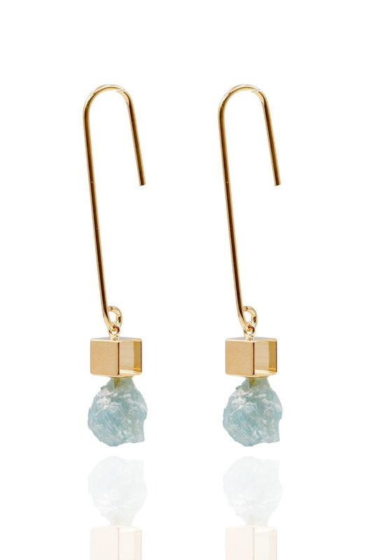 Brinco Longo Pedra Natural Água Marinha Cubo Banho Ouro