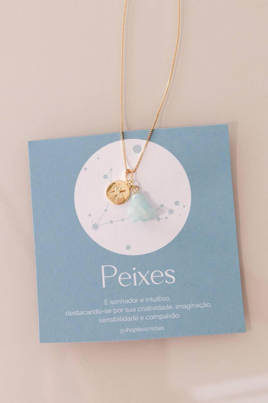 Colar Signo Peixes - Pedra Água Marinha Bruta banhado Ouro