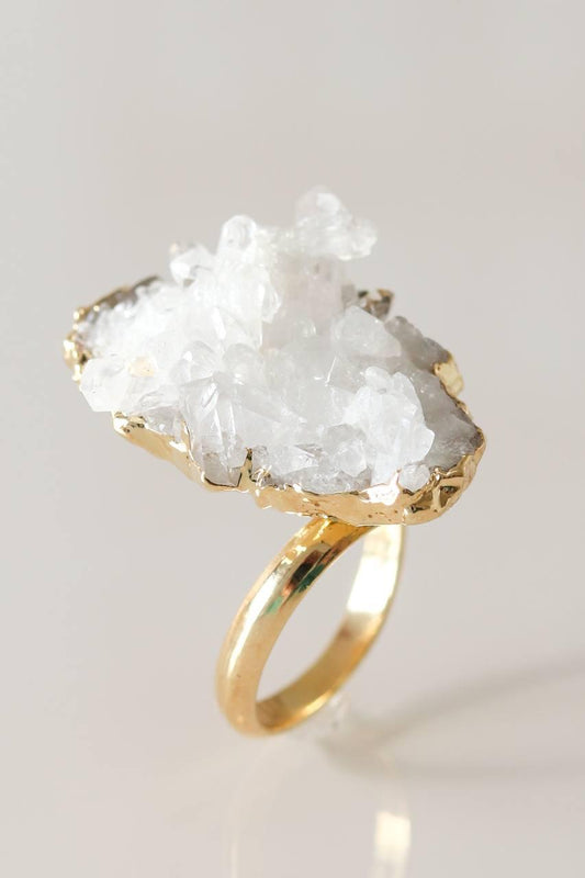 Anel Drusa de Cristal com Eletroplate Ajustável Banho Ouro