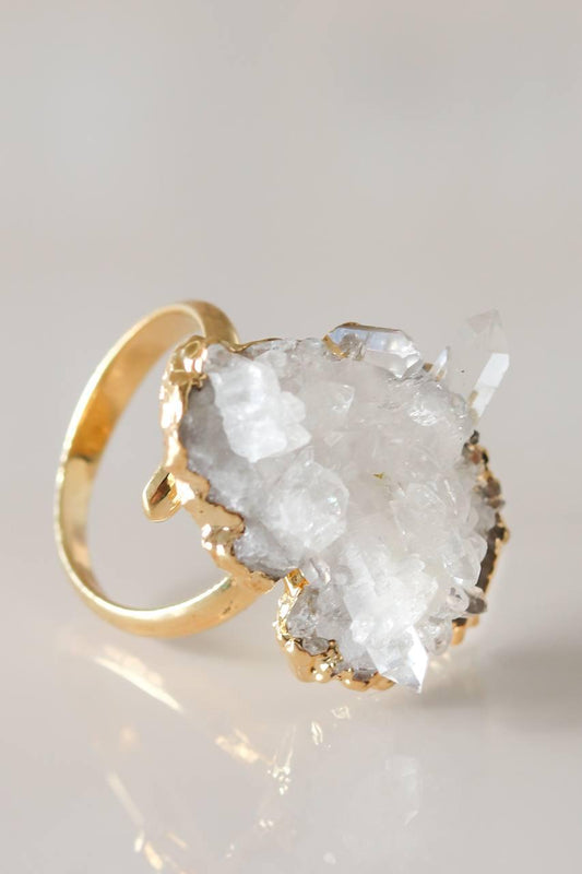 Anel Drusa de Cristal com Eletroplate Ajustável Banho Ouro