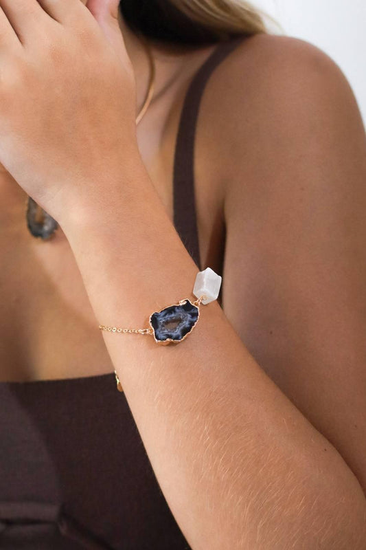 Pulseira Ágata Natural com Selenita Branca Banhado Ouro