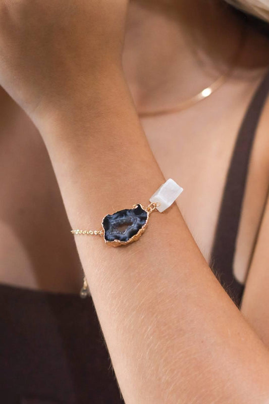Pulseira Ágata Natural com Selenita Branca Banhado Ouro