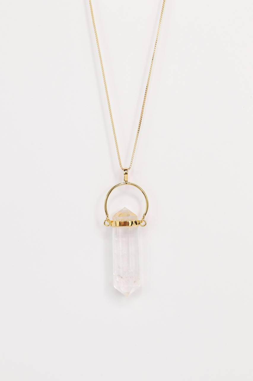 Pingente Cristal de Quartzo Biterminado Argola Banho Ouro