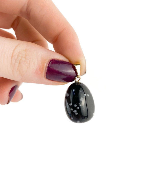 Pingente Obsidiana Flocos de Neve rolado com pino Banhado Ouro