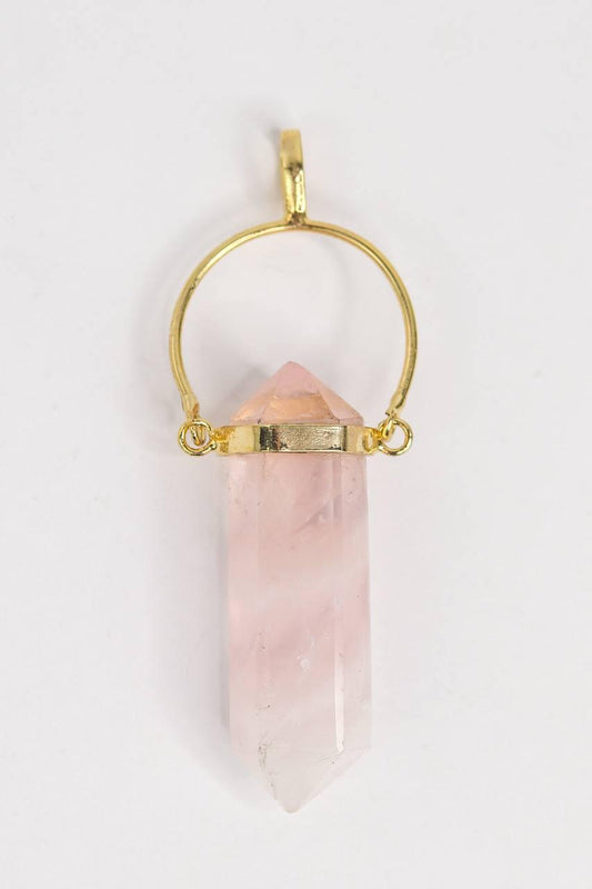 Pingente Quartzo Rosa Ponta Biterminada Pêndulo Banho Ouro