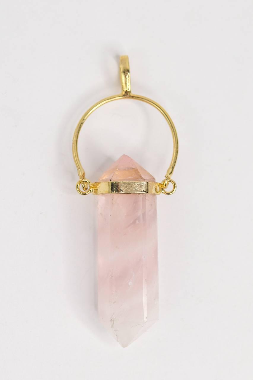 Pingente Quartzo Rosa Ponta Biterminada Pêndulo Banho Ouro