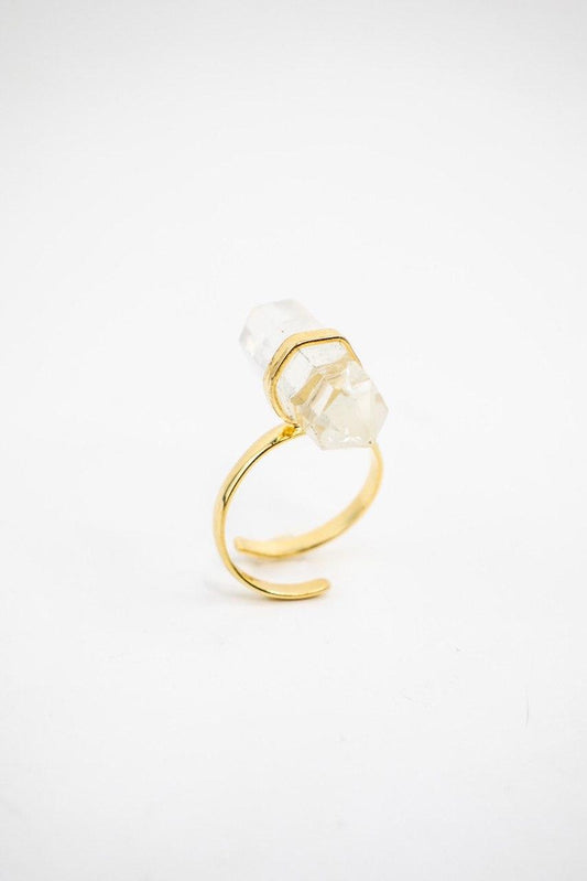 Anel Quartzo Cristal Ponta Biterminada Banho Ouro