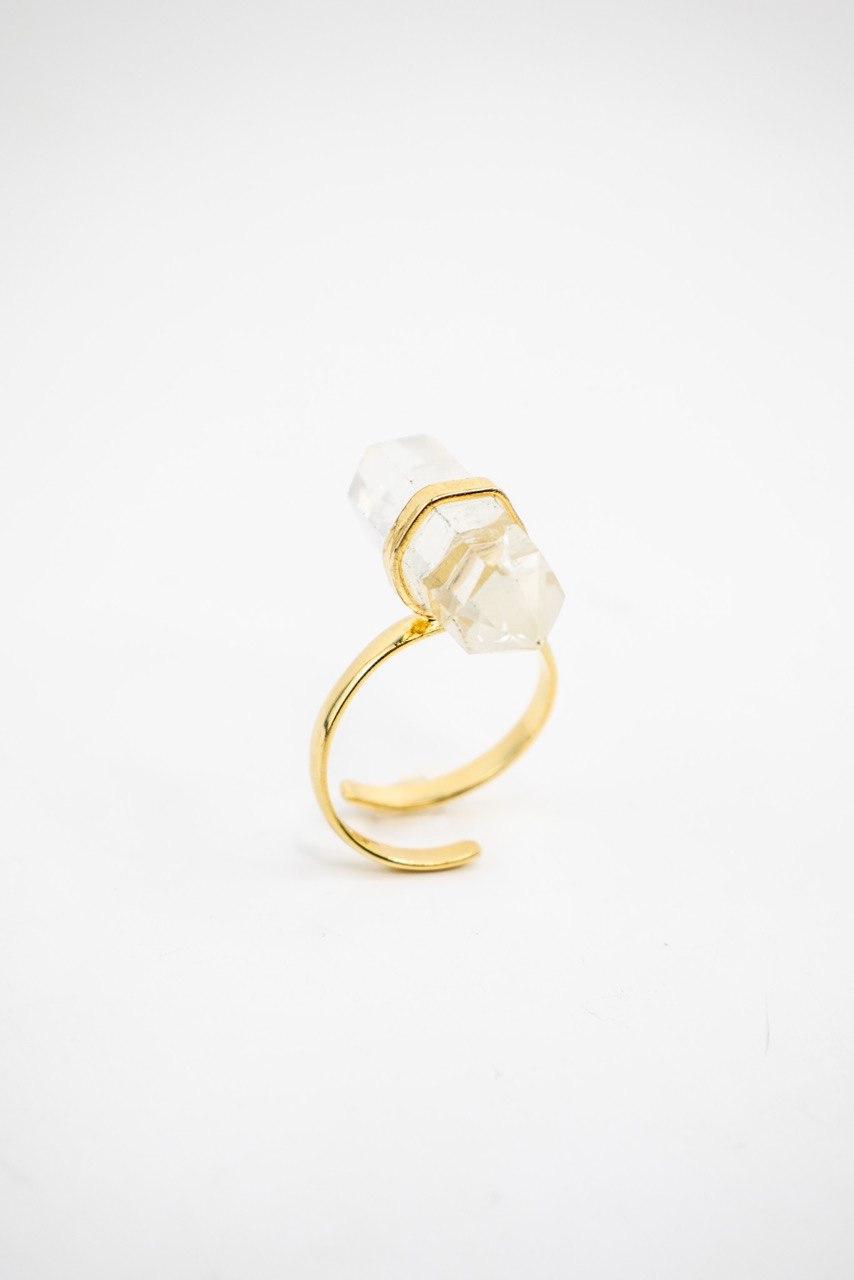 Anel Quartzo Cristal Ponta Biterminada Banho Ouro