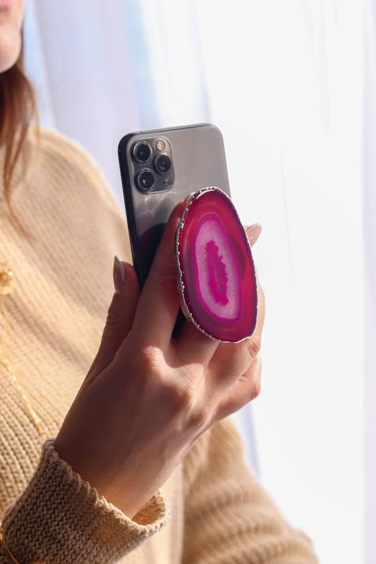 Suporte para celular Ágata rosa banho prata