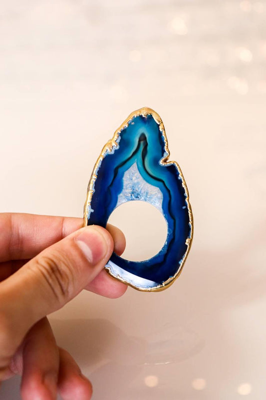 Porta Guardanapo Ágata Azul Banhado Ouro
