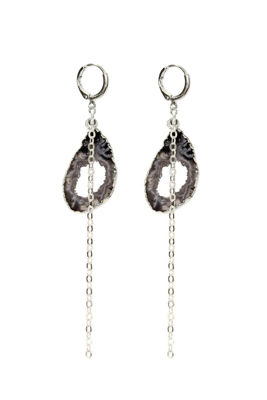 Brinco Argola Pedra Ágata com Corrente Diamantada Banho Prata