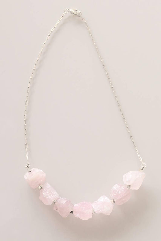 Colar Quartzo Rosa Bruto Banho Prata