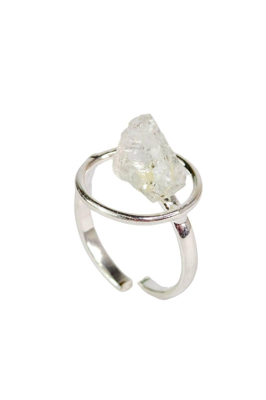 Anel Ponta Cristal de Quartzo Bruto Argola Ajustável Banho Prata