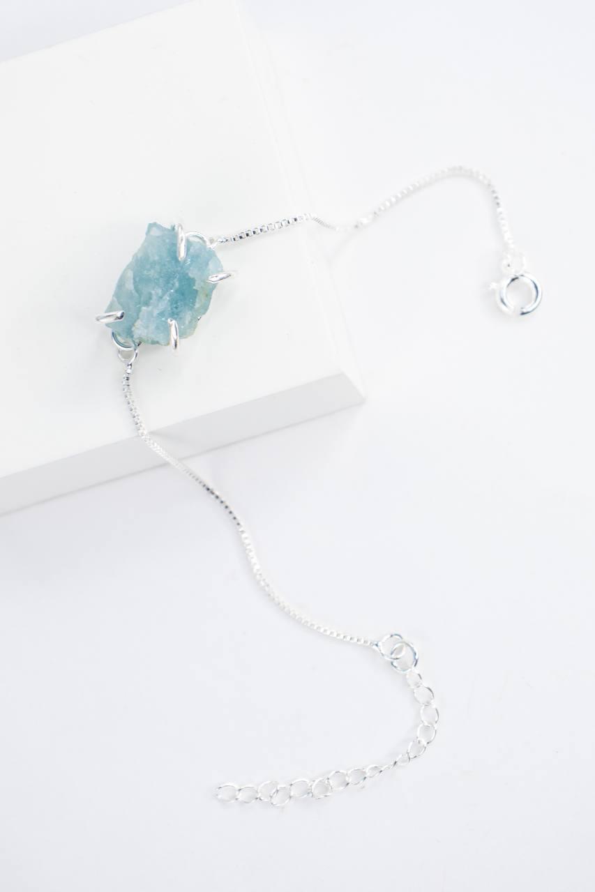 Pulseira Água Marinha bruta banho prata