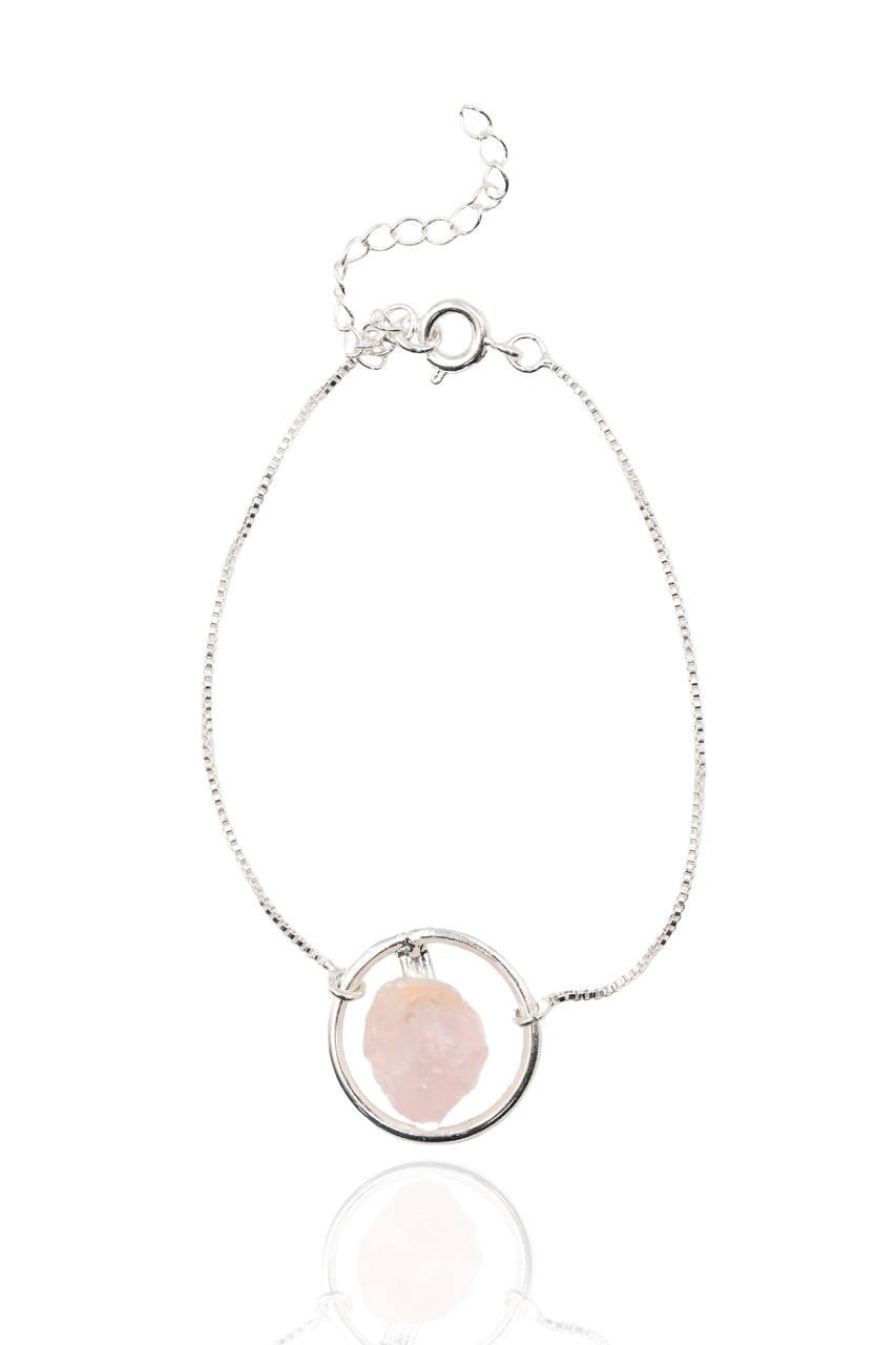 Pulseira Quartzo Rosa bruta Argola banhado Prata