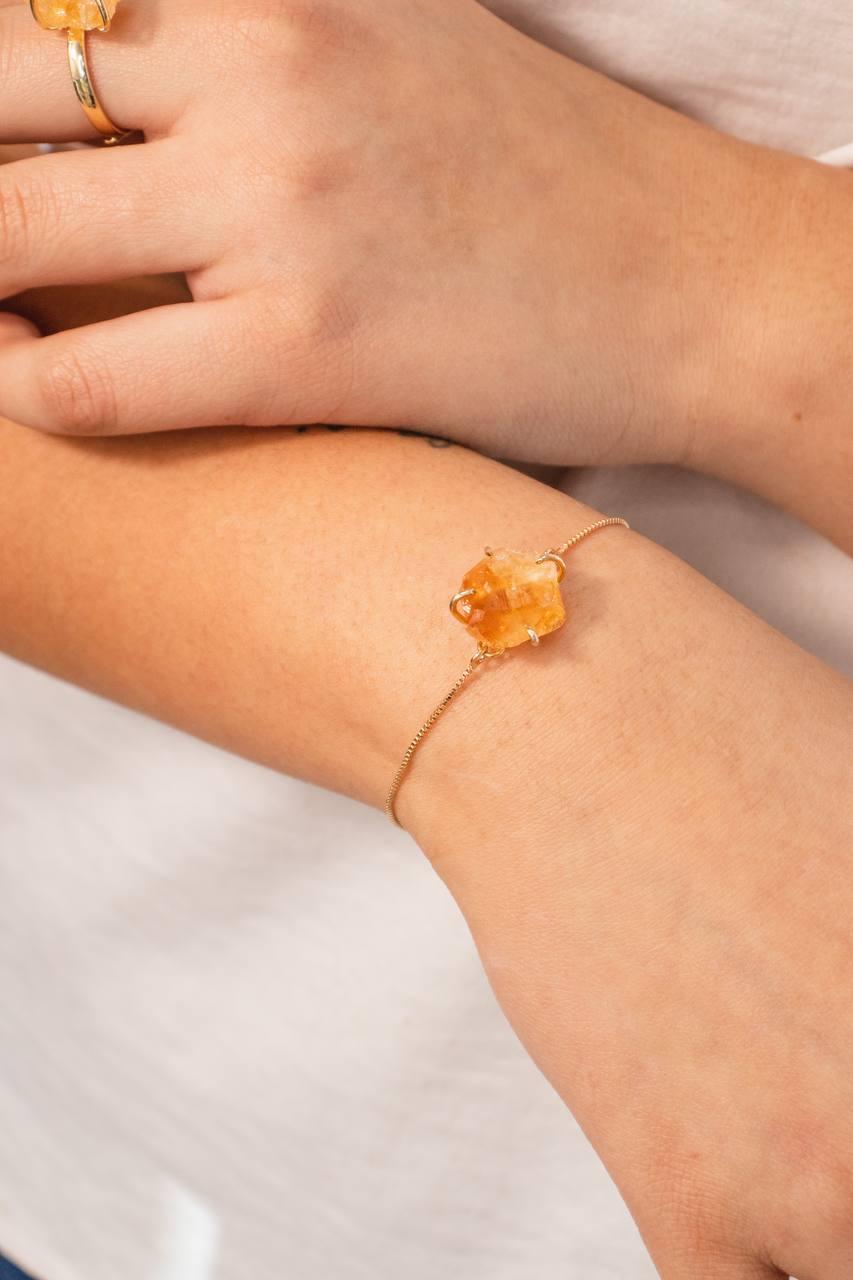 Pulseira Citrino Bruto com Garra Banhado Ouro
