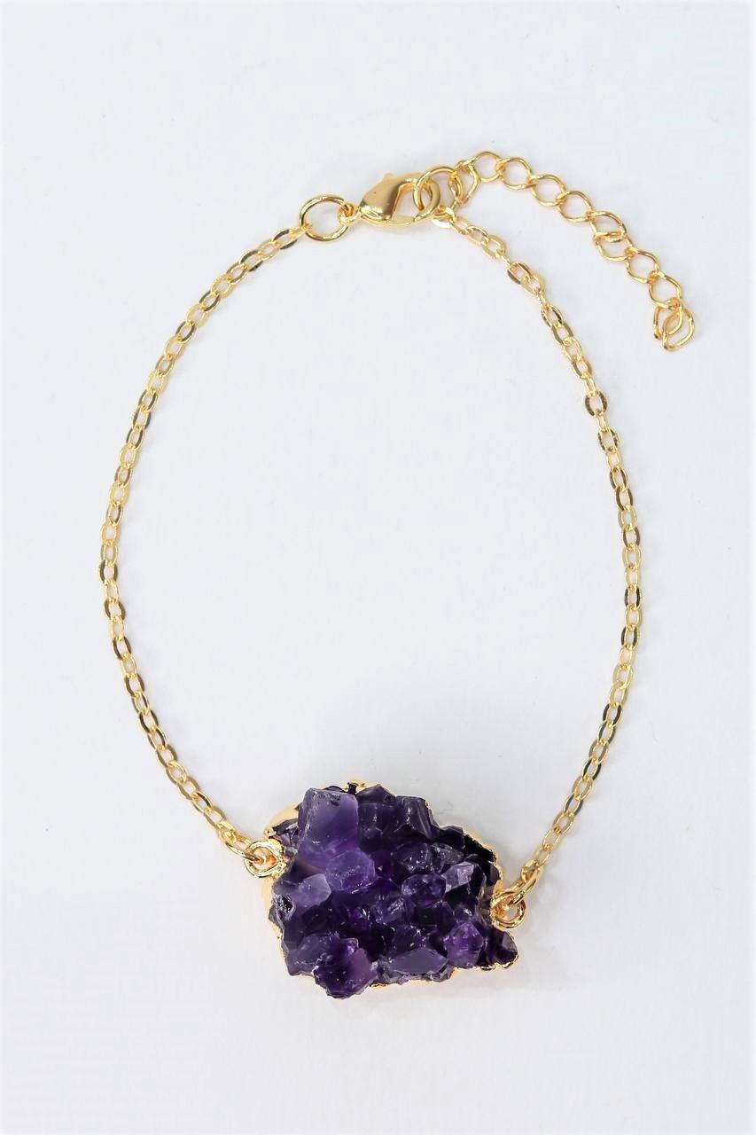 Pulseira Drusa Ametista com Eletroplate Banho Ouro