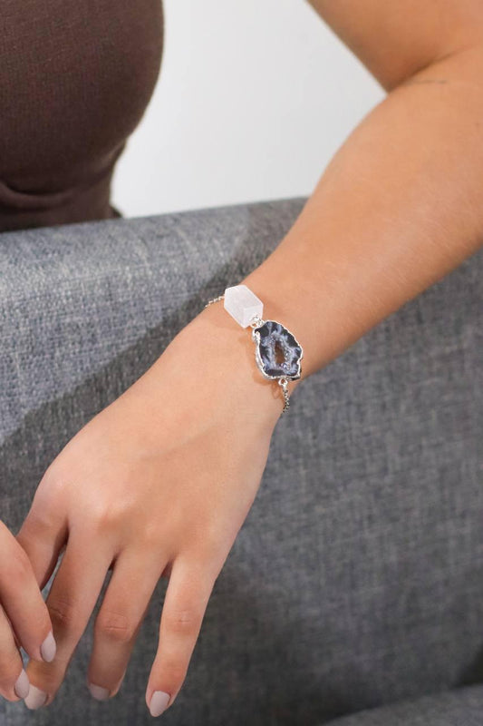 Pulseira Ágata Natural com Selenita Branca Banhado Prata