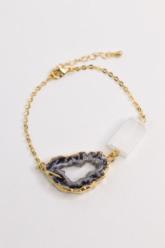 Pulseira Ágata Natural com Selenita Branca Banhado Ouro