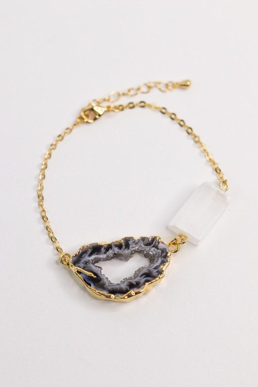 Pulseira Ágata Natural com Selenita Branca Banhado Ouro