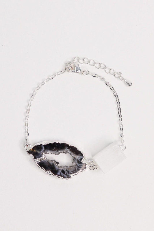 Pulseira Ágata Natural com Selenita Branca Banhado Prata