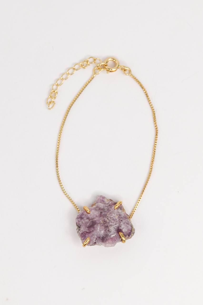 Pulseira Lepidolita Bruta com Garra Banhado Ouro