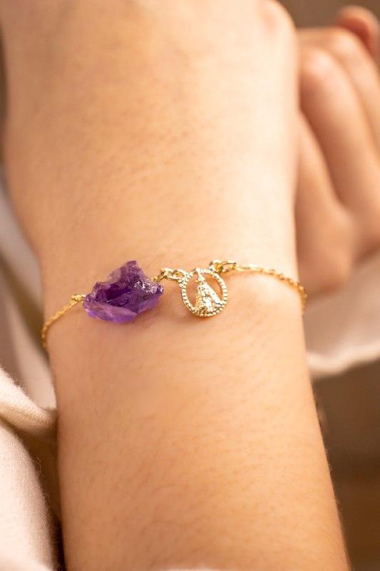 Pulseira Nossa Senhora com Ametista Bruta banhado Ouro