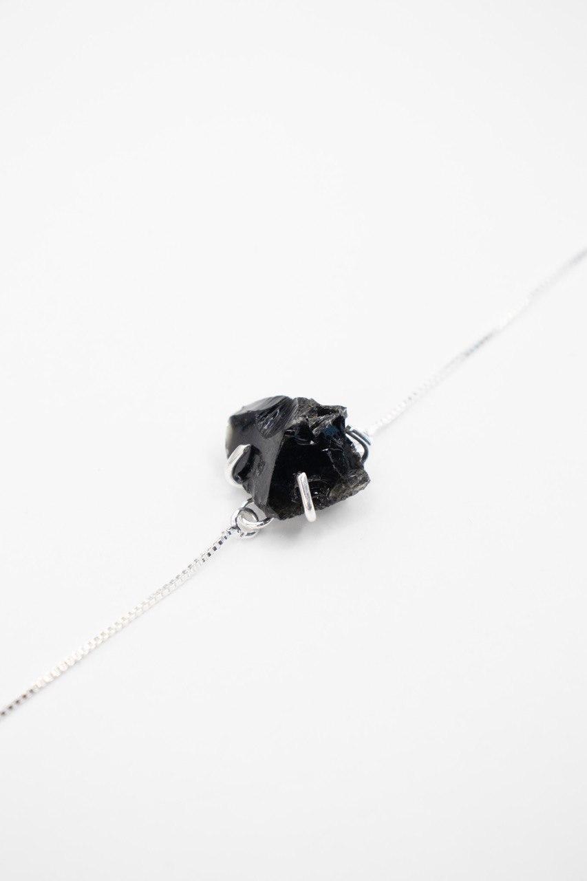 Pulseira Obsidiana Bruta com Garra Banhado Prata