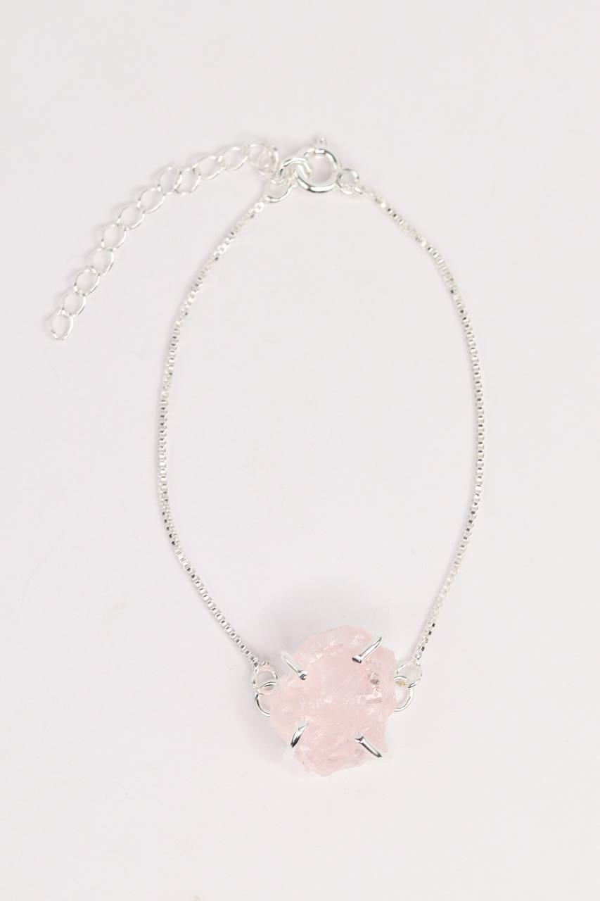 Pulseira Quartzo Rosa bruto com Garra Banhado Prata