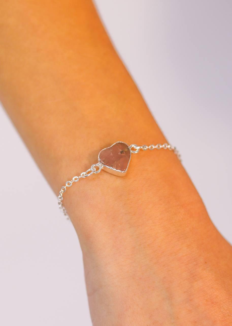 Pulseira Coração Quartzo Rosa Banho Prata