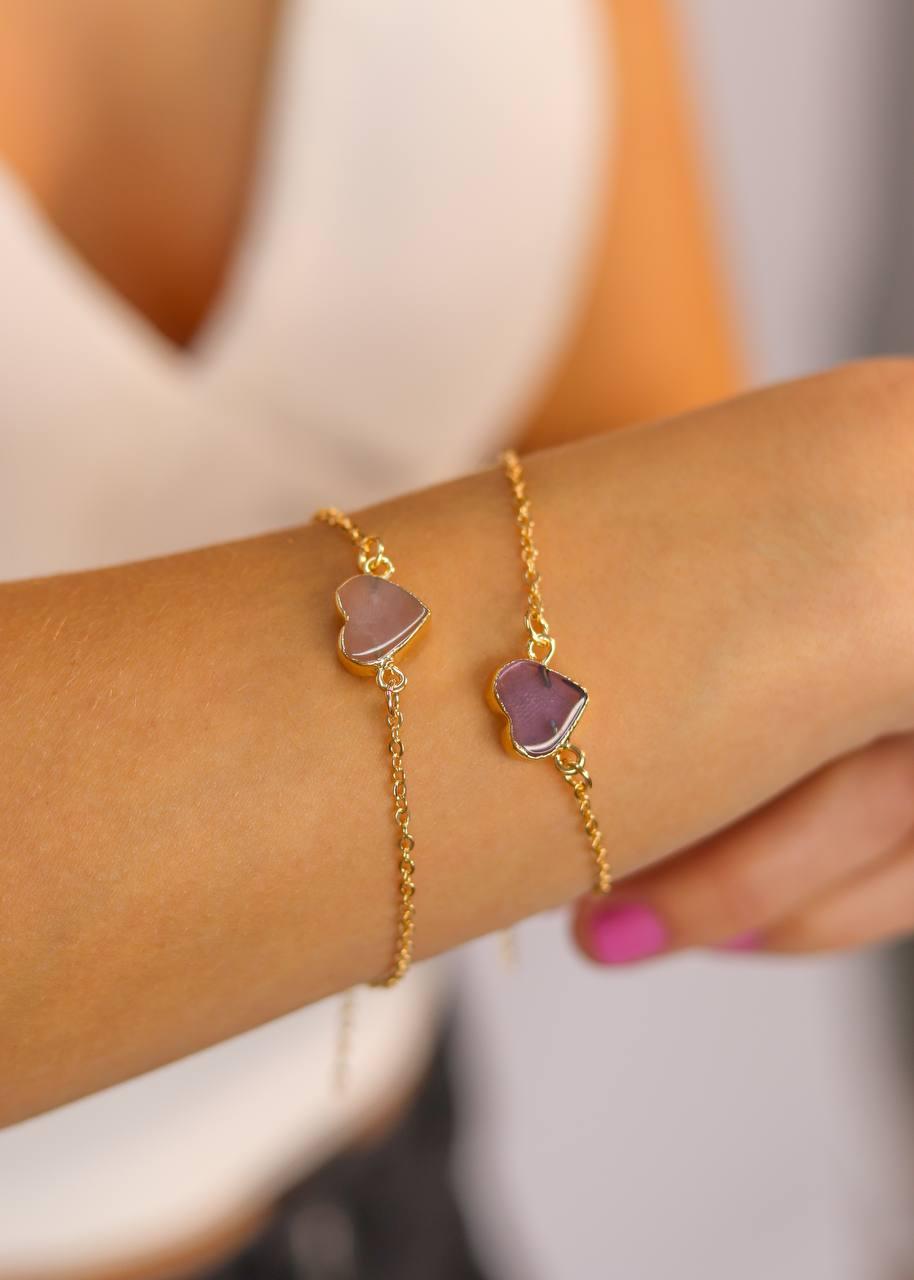 Pulseira Coração Ametista Banho Ouro