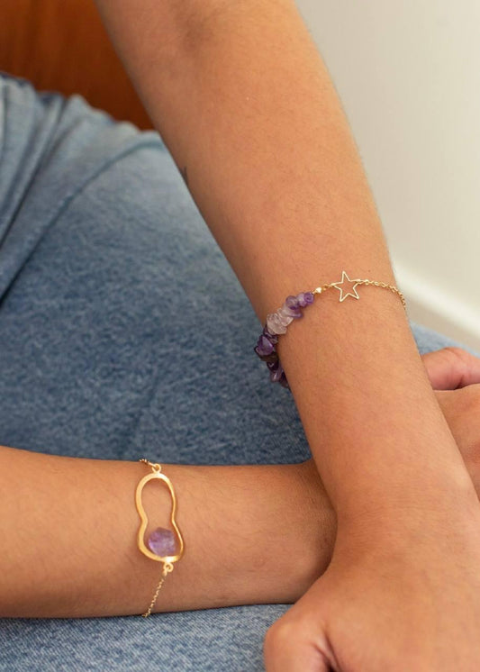Pulseira Singular Pedra Natural Ametista banhado Ouro