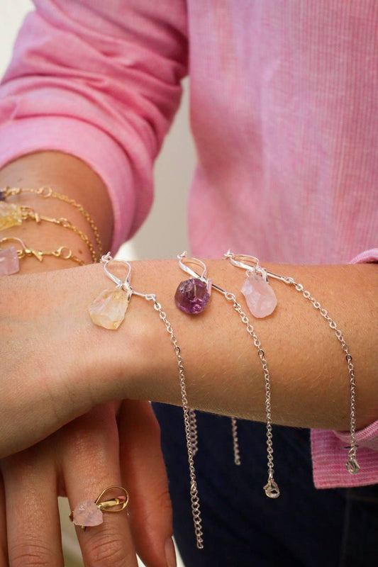 Pulseira Quartzo Rosa Laços Banho Prata