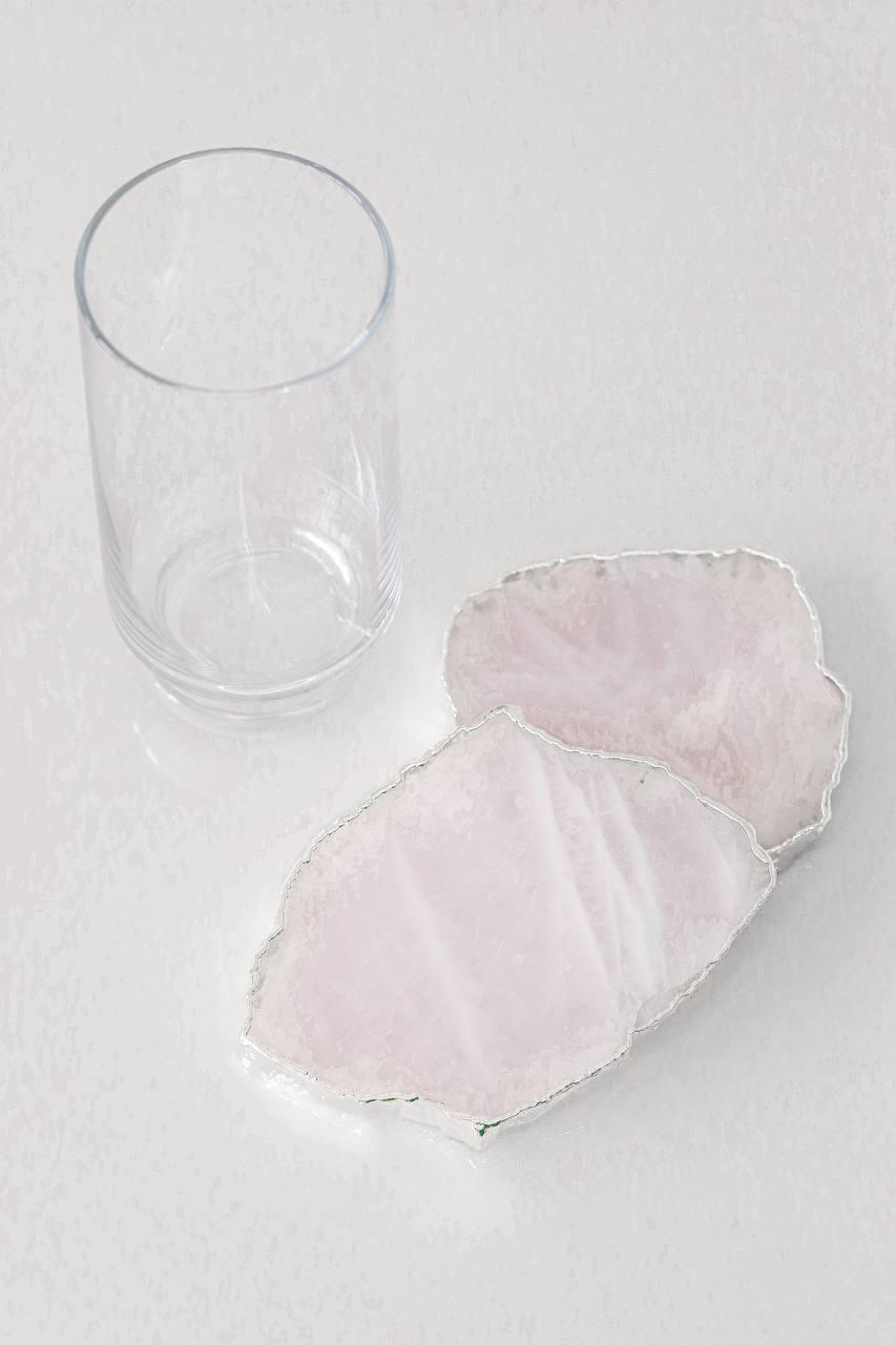 Porta Copo Quartzo Rosa Pequeno Banho Prata Duplo