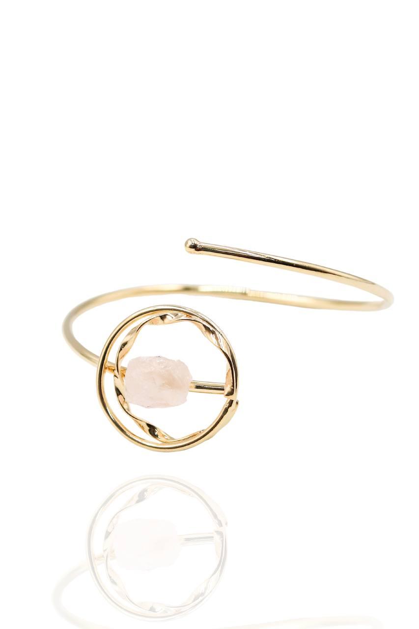 Bracelete Pedra Natural Quartzo Rosa Banhado Ouro 18K