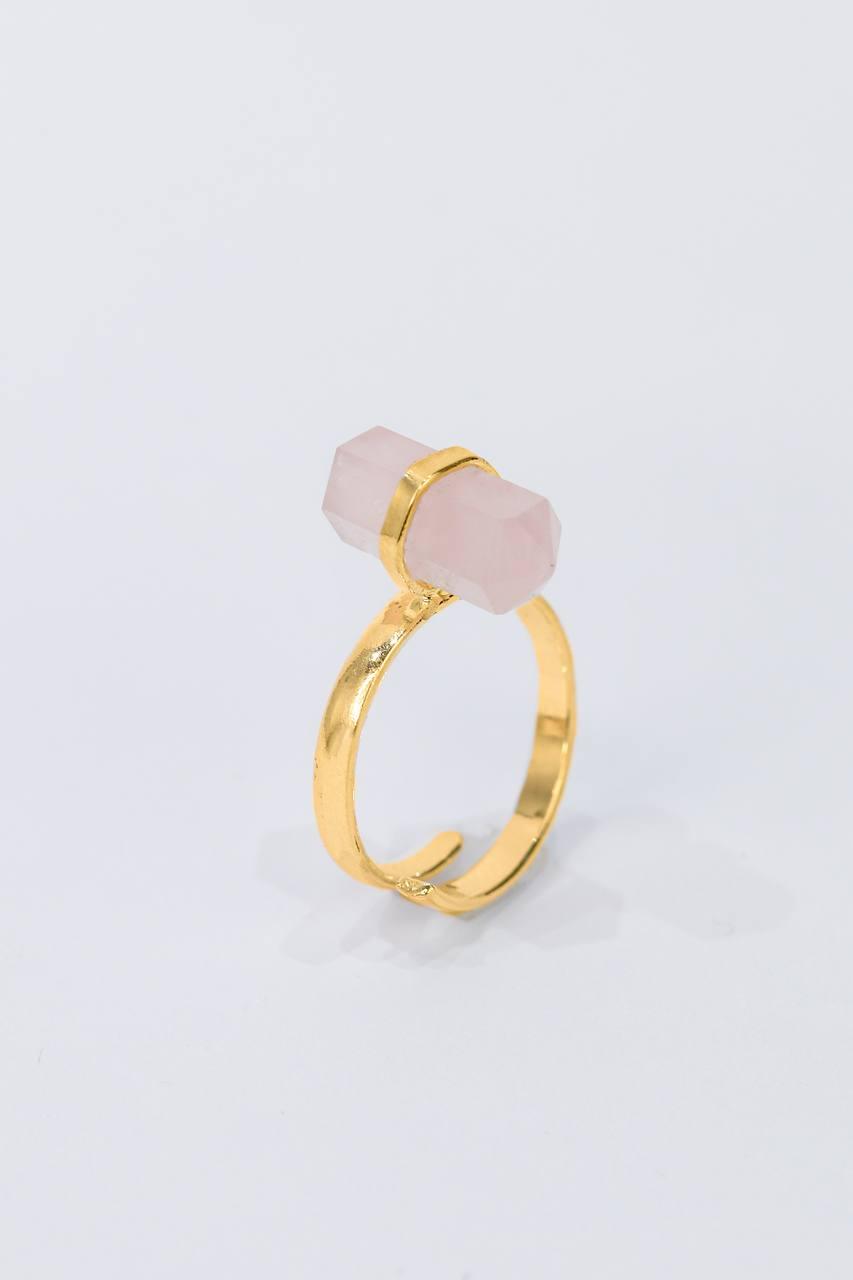 Anel Quartzo Rosa Ponta Biterminada Banho Ouro