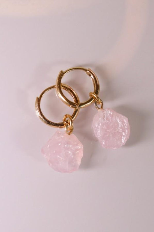 Brinco Argola Boleada Quartzo Rosa Banho Ouro