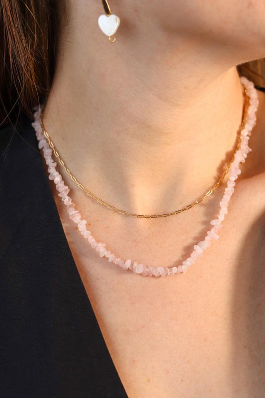 Colar Duplo Quartzo Rosa Elos Banho Ouro