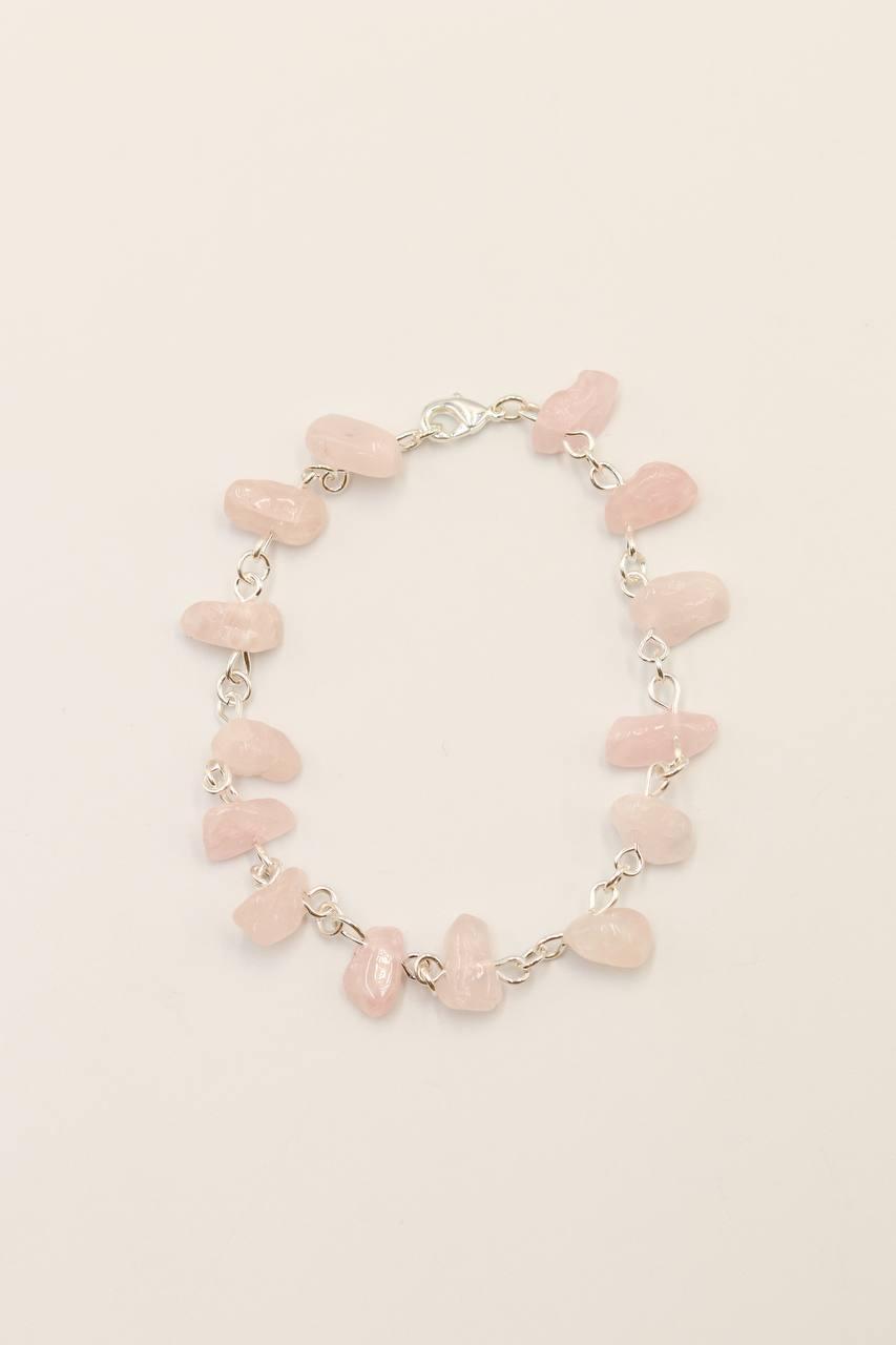 Pulseira Cascalho Quartzo Rosa Elos Banho Prata