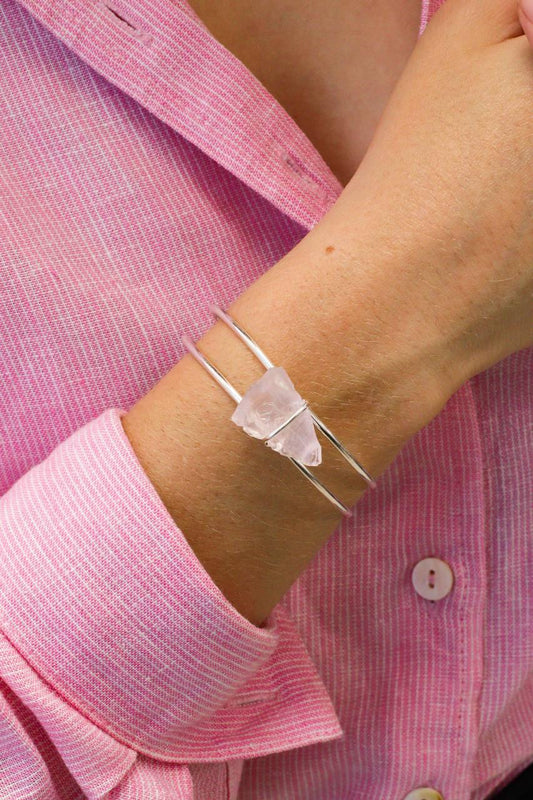 Bracelete Quartzo Rosa Laços Banho Prata